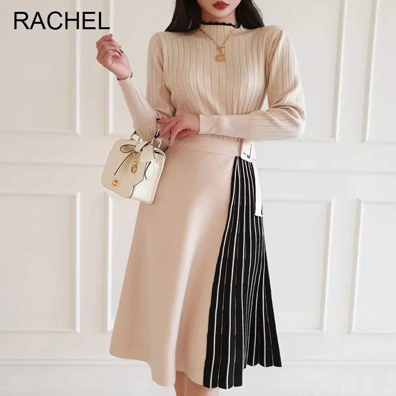 

Knit Dress Female Mid-length Autumn and Winter Elegant Stand-up Collar Cinched Slimming Contrast Color Pleated Overknee Base Rac