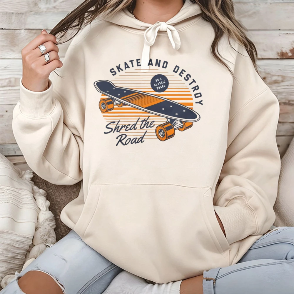 Фото Мужская толстовка с капюшоном Skate and Destroy с винтажным принтом Sunset Stripe Longboard Skateboard, ретро-стиль, уличный хип-хоп №3