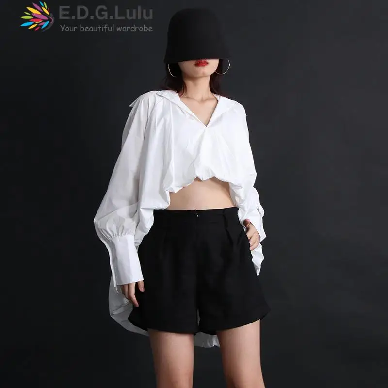 

EDGLuLu Fashion Women Turn-down Collar White Blouses Women Long Sleeve Ladies Tops Autumn AsymmetricalBlouse Top Femme 0916
