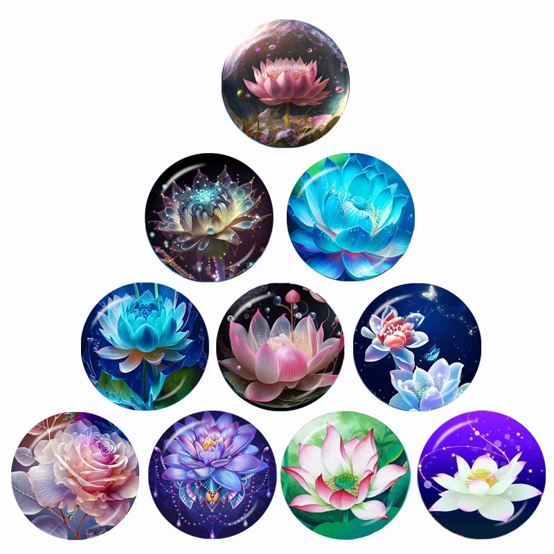 

Beauty Lotus Flowers Patterns 10pcs 12mm/16mm/18mm/20mm/25mm/30mm Round Photo Glass Cabochon Demo Flat Back Making Findings