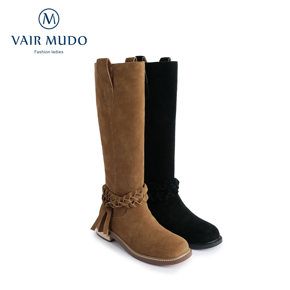 

VAIR MUDO Women Knee High Boots Suede Flat Shoes Zipper Rounded Toe Fashion Elegant Winter Autumn Female Footwear Brown Black