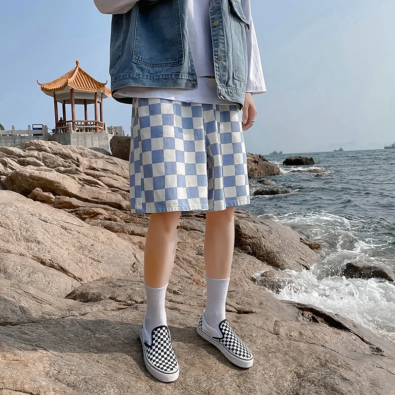 

2022 Summer Men's New Loose Streetwear Short Jeans Male High Waist Holes Denim Shorts Male Plaid Casual Clothes Shorts C02