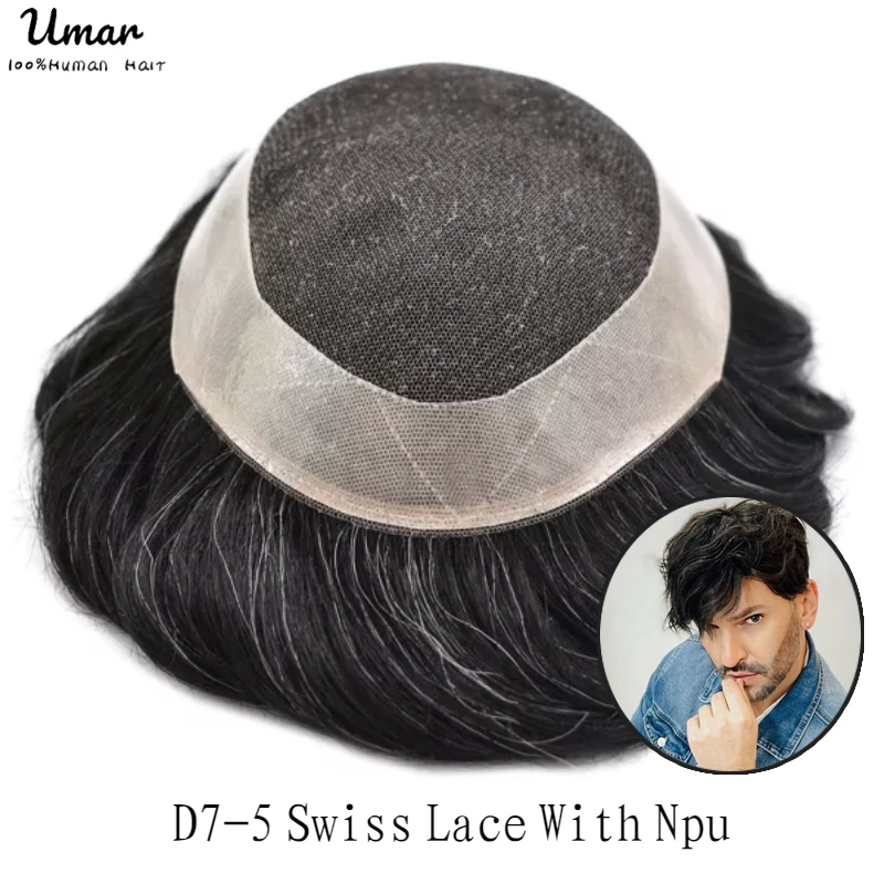 D7-5  Toupee Men Swiss Lace With NPU Base Wig For Men Natural Hairline Replacement System Unit For Men Male Hair Prosthesis