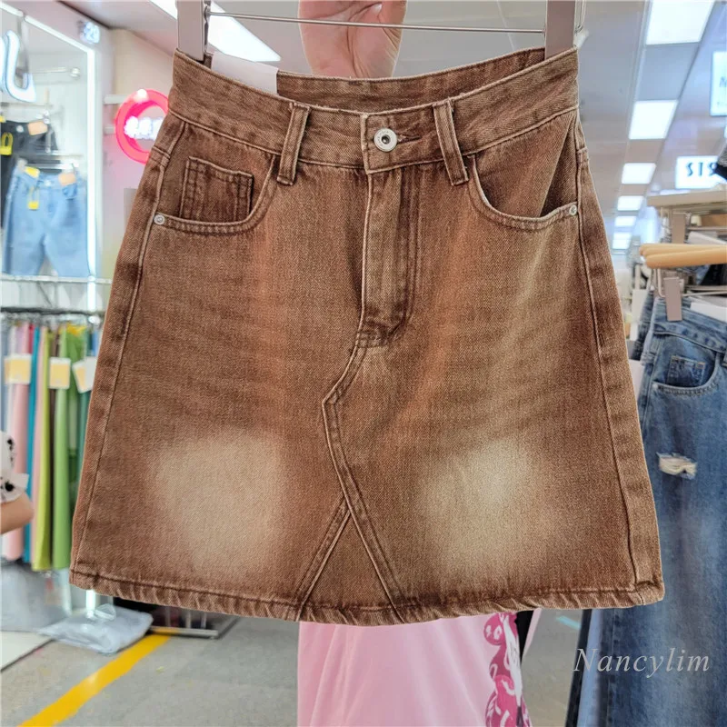 

Korean Style New Washed Denim Skirt Women's 2022 Summer Retro A- Line Short Mini Jupe Femme Casual All-Match