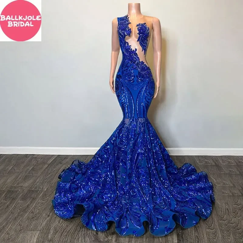 Королевское синее платье русалки с пайетками для выпускного вечера 2025 Блестящие