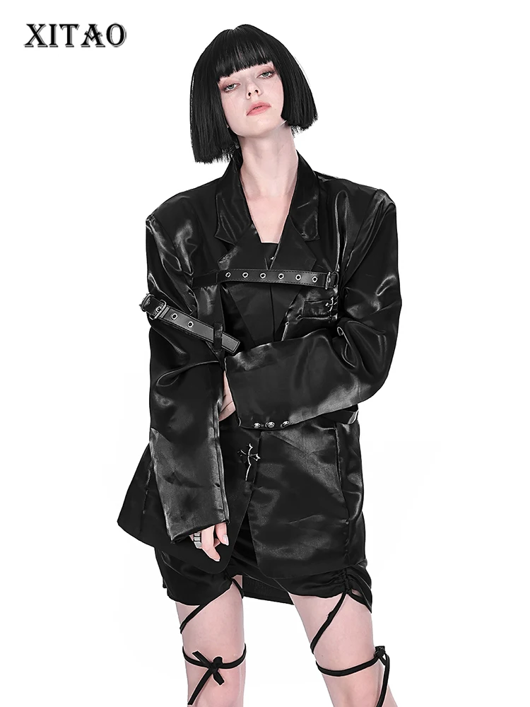 

XITAO Personality Belt Decoration Blazer Coat Irregular Women Solid Color Loose Street Trendy All-match Women Top ZY7295