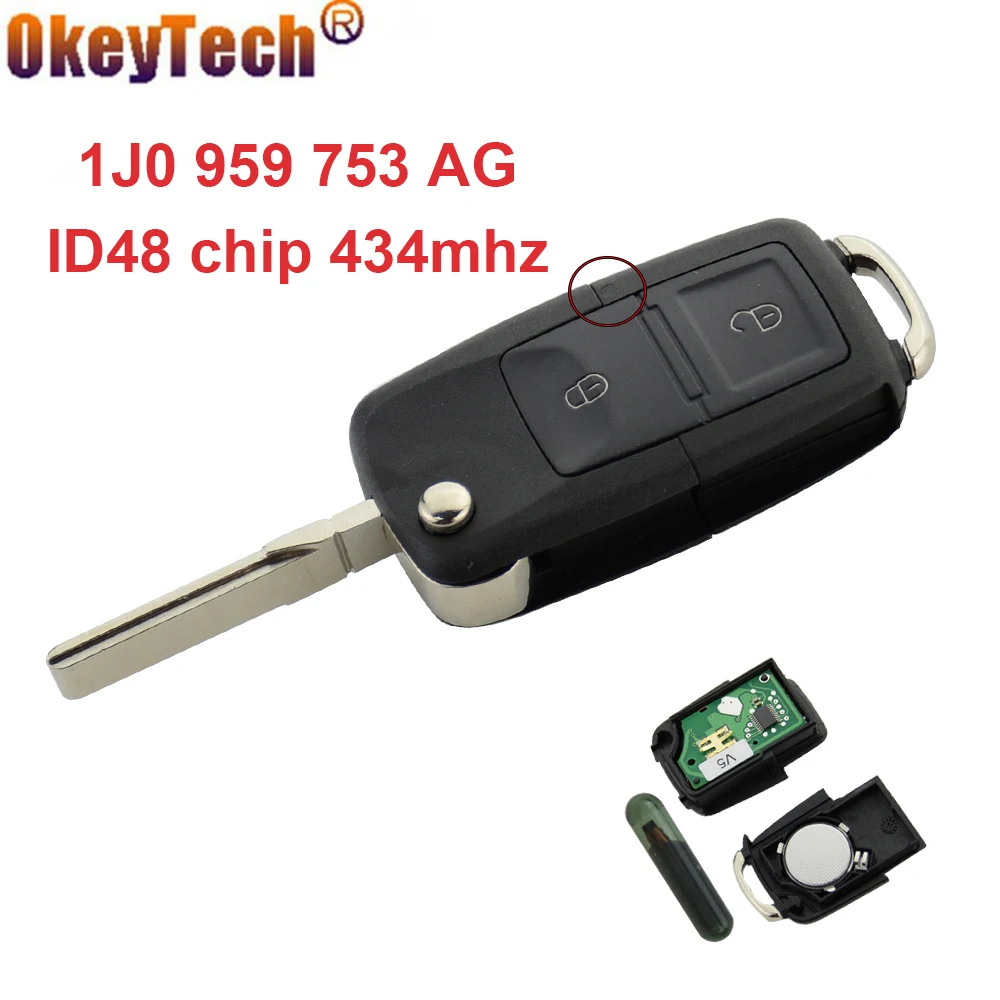 

Okeytech 1 JO 959 753 AG 2 Button Remote Key Flip Folding 434Mhz ID48 Transponder Chip For VW Golf 4 5 Passat b5 b6 polo Touran