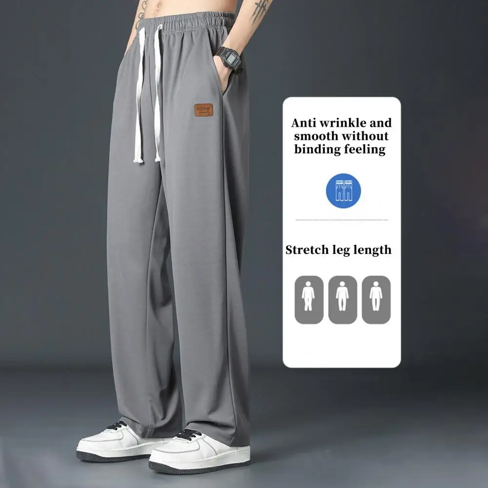 

Side Pocketed Men Long Pants Stylish Men's Summer Pants Breathable Ice Silk Wide Leg Trousers with Elastic Waist for Streetwear