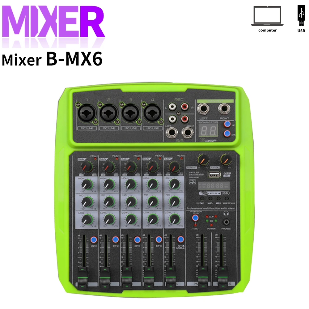 B6MX 6-Channel Audio Mixer USB Bluetooth Reverb Processor with 48V Phantom Power and 16 DSP Effect for Karaoke ,Outdoor party