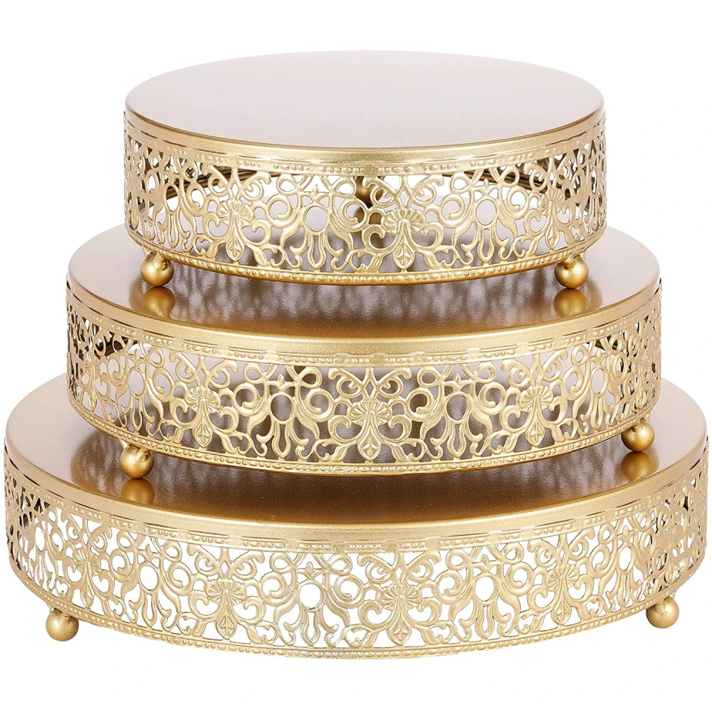 Round Lace Gold Metal Wedding Cake Stand, Dessert Display Stand Glossy Metallic Finish for Dessert Cupcake Pastry Candy Display