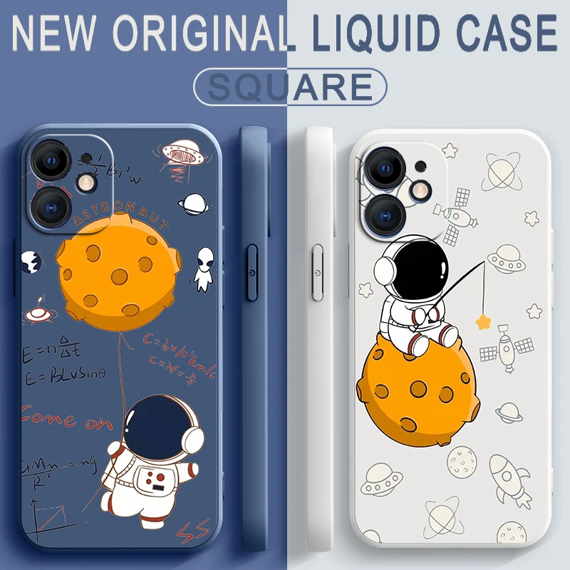 

Liquid Silicone Cases For iPhone 13 12 11 Pro Mini Max SE 2020 X XR XS Max 8 7 6s 6 Plus Creative Astronaut Phone Cover Funda