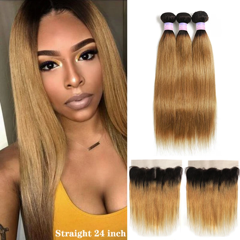 Brazilian Straight Human Hair Bundles With Frontal 13x4 Honey Blonde Colored Ombre Hair Weave With Closure 3PCS Non-Remy Hair