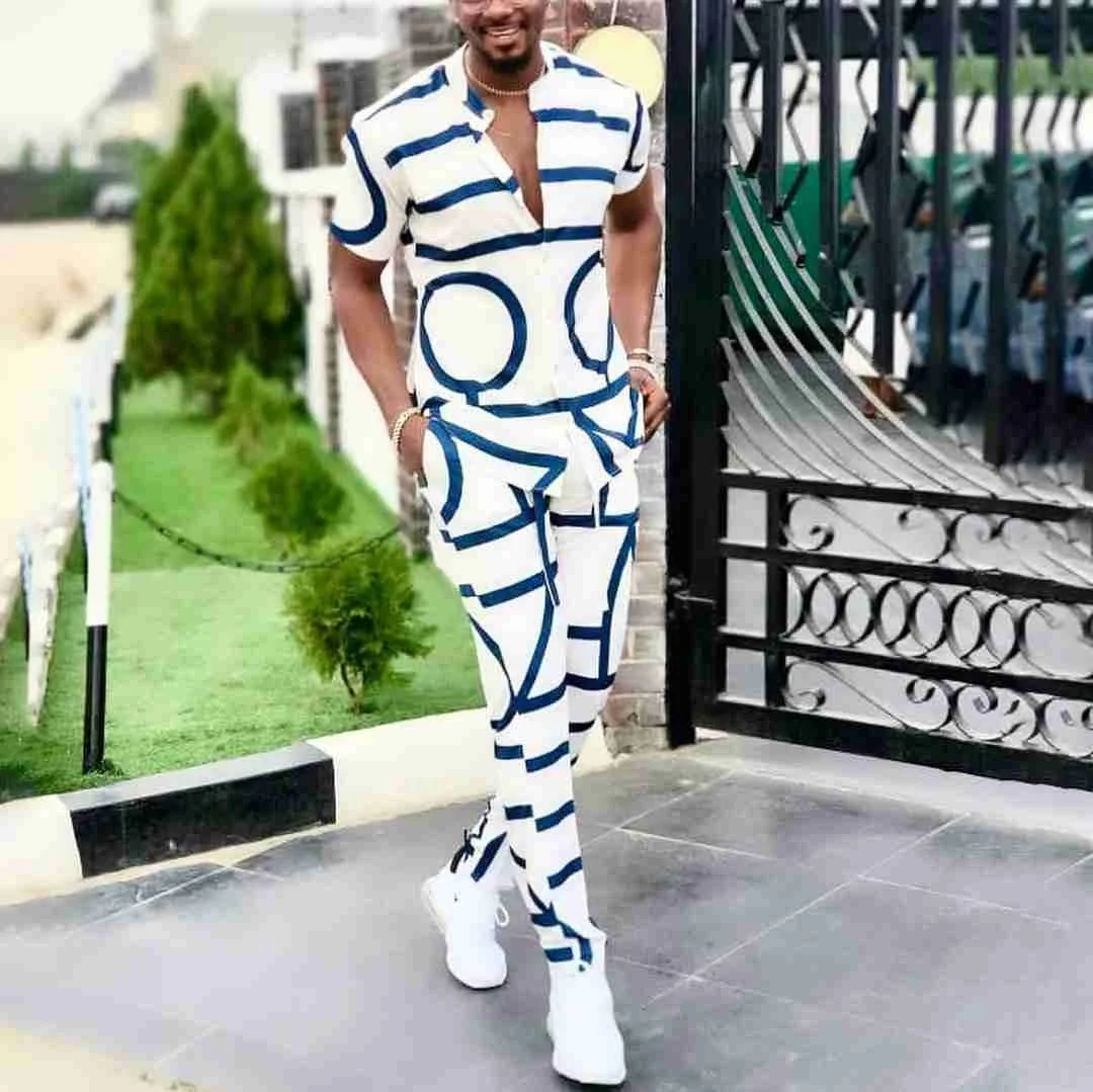 

Sprin Summer Men's Casual Two Piece Sets Sort Sleeve Tops And Lon Pants Suit Fasion Pattern Print Outfit Men Streetwear