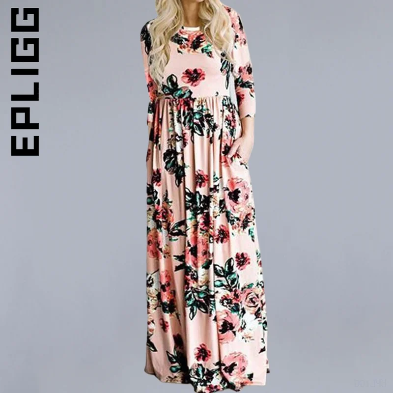 

Женское летнее платье Epligg, розовое длинное платье с цветочным принтом в стиле бохо, Пляжное платье, Женский вечерний Сарафан