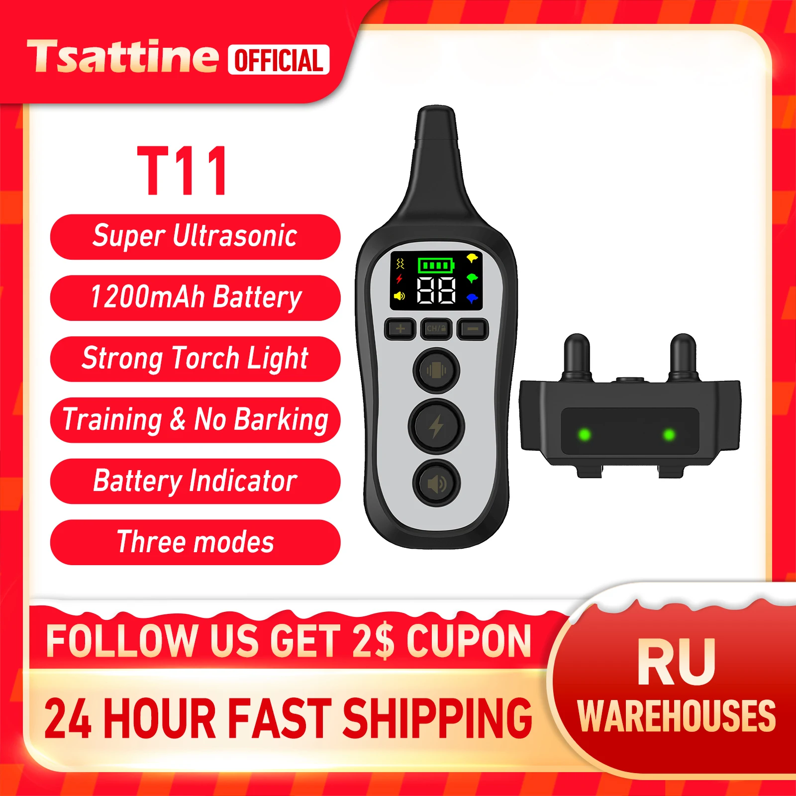 Электрический ошейник для дрессировки собак, водонепроницаемый, на пульте управления на расстоянии 800 метров, с возможностью зарядки, обеспечивающий воздействие шоком, вибрацией и звуком.