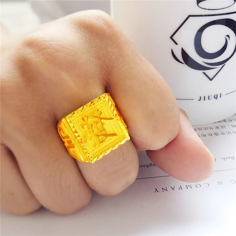 

Pure Copy Real 18k Yellow Gold 999 24k Steel Print Three Colorless Rings a Long Time Men's Lucky Cailong Imitation Jewelry Ring