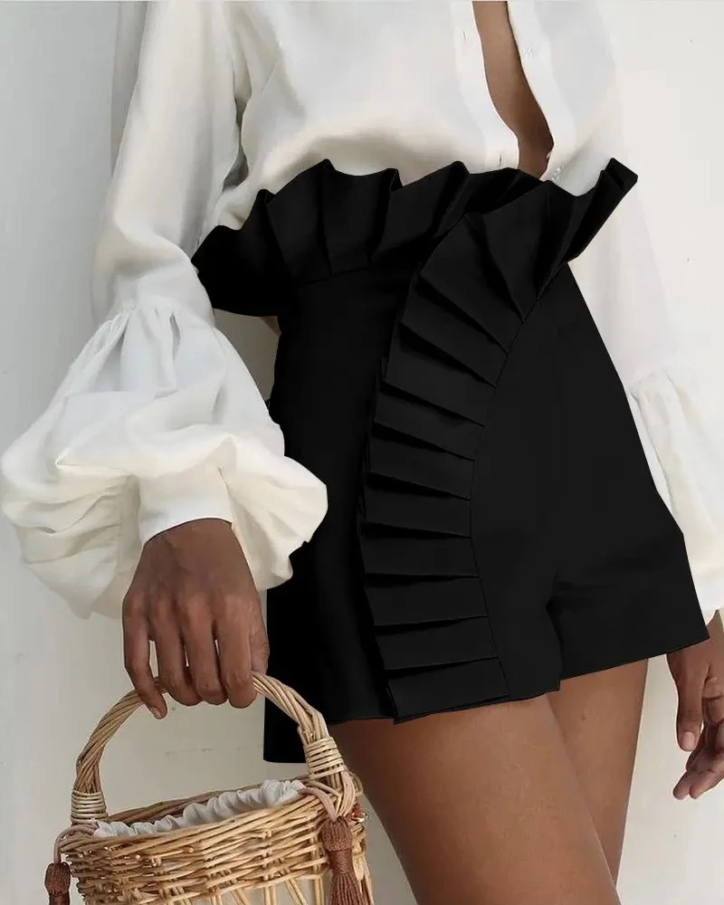 Elegant Ruffles Summer Shorts Women Pleated High Waist Fashion Casual Pants Female Sexy Bottom Office Lady Clothing Outfits