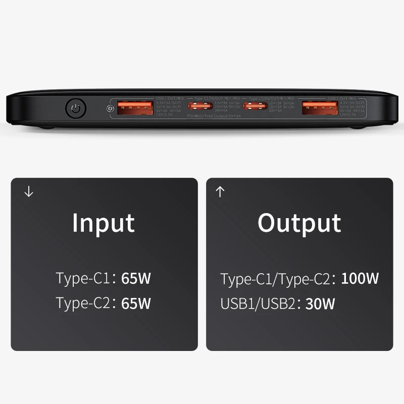 Внешний аккумулятор Baseus на 100 мА · ч с портом USB Type-C и поддержкой быстрой зарядки |