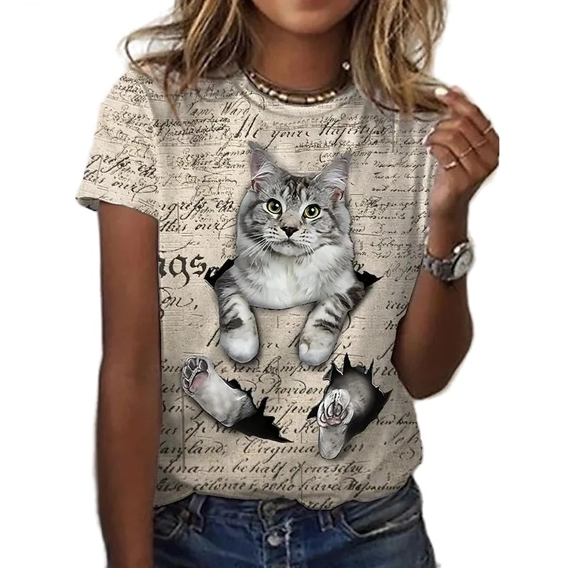 Summer New Cute Cat Printed Women's T-shirt Fashion Women's Short Sleeved Tops Casual Regular 3D Printed Women's Blouses Kawaii