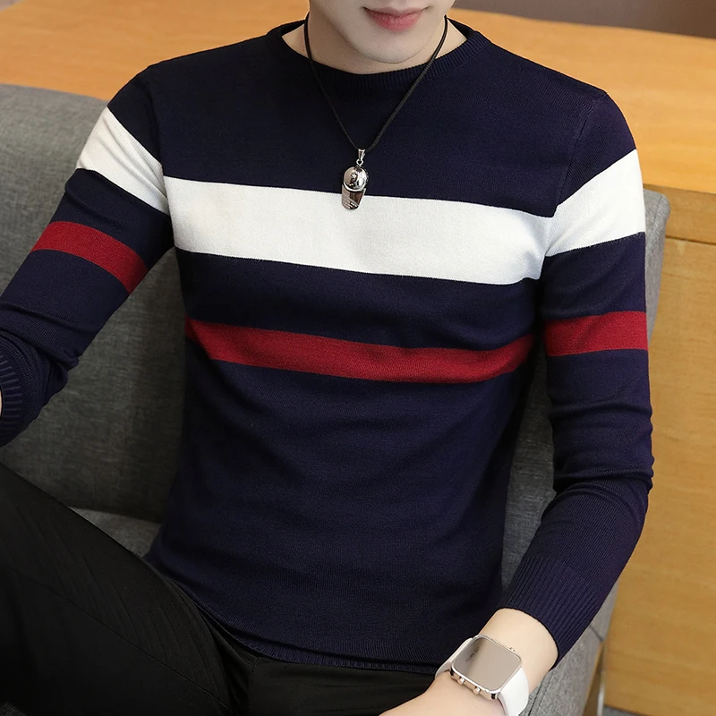 Thin Section Long-sleeved Sweater Men's Round Neck Pullover Striped Sweater Half-sleeved T-shirt Men's Slim Student Bottoming Sh