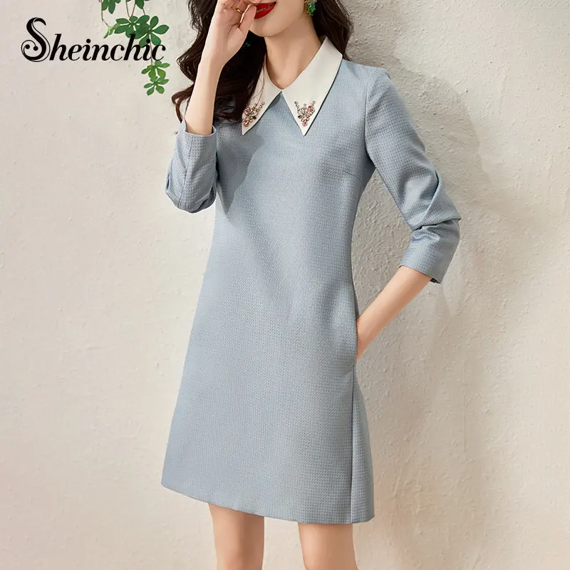 Korean Fashion Beading Turn-down Collar Long Sleeve Dresses for Women 2023 Spring Elegant A-line Mini Dress Pink Blue Vestidos