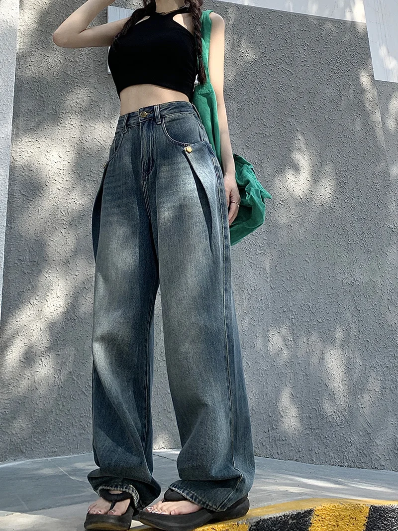 

2023 American Design Sensory New Dunk Trailer Jeans Female Summer Retro High -waisted Straight Pants Loose Wide Legged Trousers