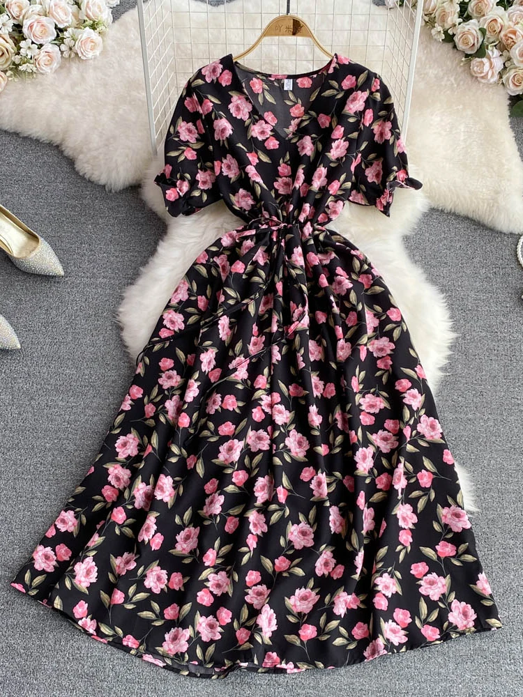 

Summer Floral Dress Woman High Waist Retro Slim Print A-line Dress Female Puff Sleeve V-neck Elegant Midi Dress Vestido Feminino