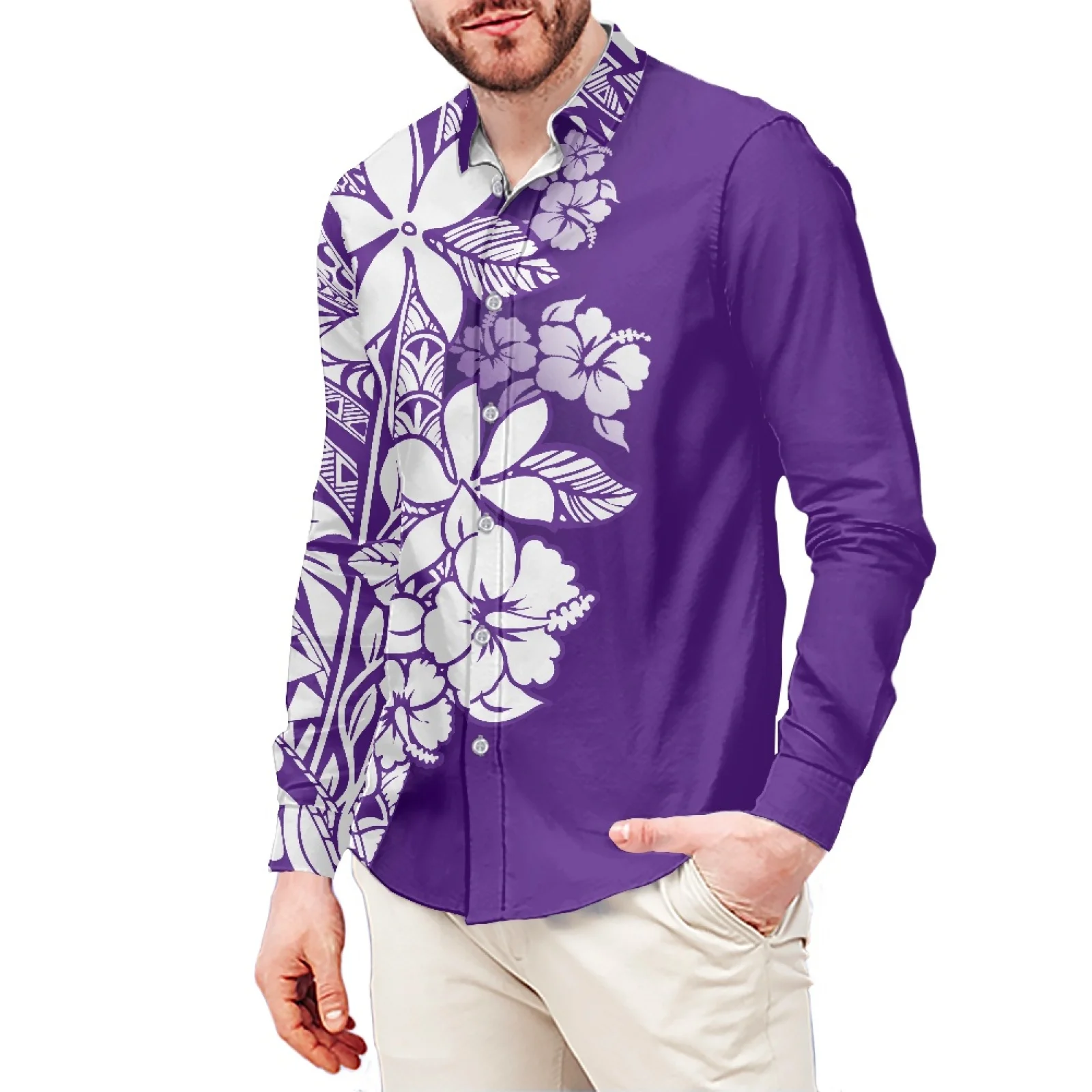 Purple Hibiscus Tattoo Print Polynesian Style Men's Shirt Stand-Up Collar Shirt 6XL Slim Long Sleeve Men's Shirt Men's Clothing