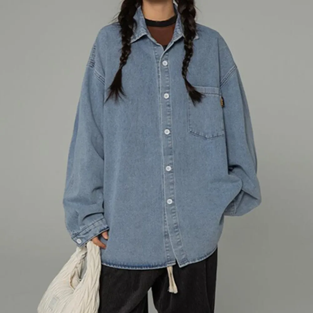 

2023 Fall New Women's Long Sleeve Denim Shirt Fashion Pocket Mid-length Jeans Buttons Shirt Tops Boyfriend Loose Shirts