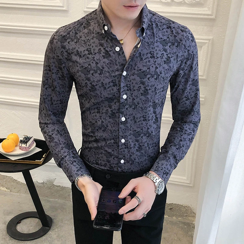 2022 Floral Printed Long Sleeve Shirts for Men Slim Fit Streetwear Casual Shirt Business Social Party Tuxedo Blouse Men Clothing