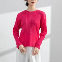 miyake pleated casual round neck long sleeved t shirt womens 2022 spring new fashion simple all match large size top women