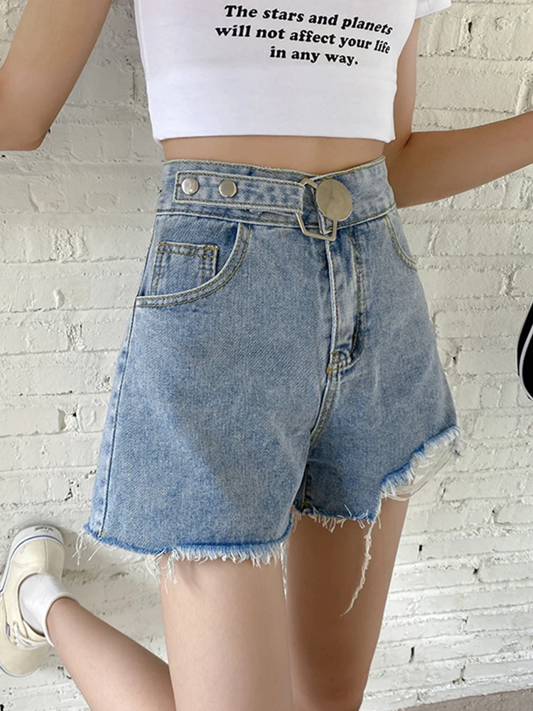 Streetwear Women Loose Hole Frayed High Waist Blue Denim Shorts Spring Summer Female Raw Hem Jeans Shorts Bottoms