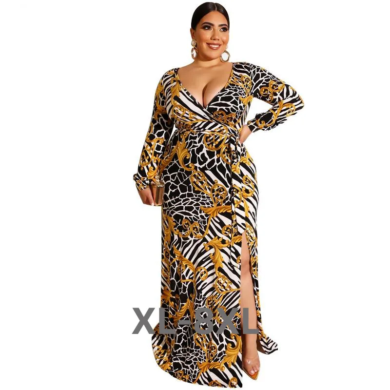 

Plus Size Autumn Women Fashion Print Sashes Long Maxi Dress Open Bodycon Night Beach Casual Dresses 3xl 4xl 5xl 6xl