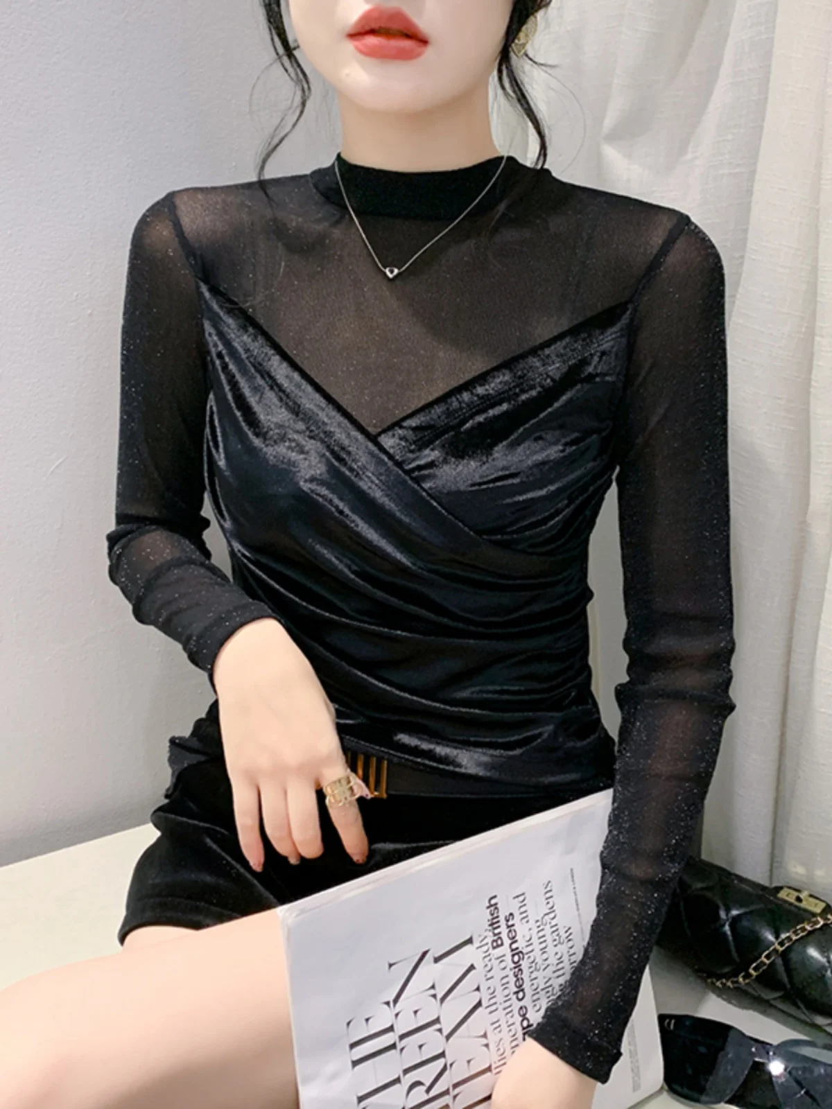 Женская сетчатая Водолазка с длинным рукавом черная эластичная облегающая