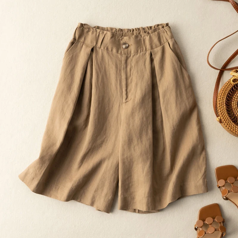 

EAEOVNI Cotton and Linen Shorts Women's Summer Buckle Waist Wide-leg Pants Loose Large Size Casual Five-point Pants Women