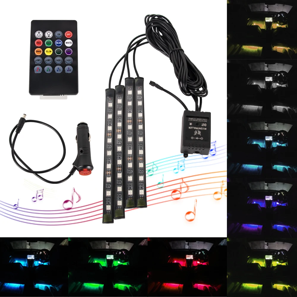 

72/48/36 LED RGB Car Foot Ambient Light with USB Cigarette Automotive Interior Lights Strip Decoration Bar Remote Control
