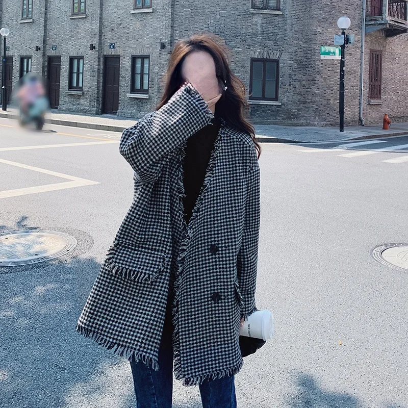 Изящное пальто из твида Женское шерстяное средней длины в Корейском стиле