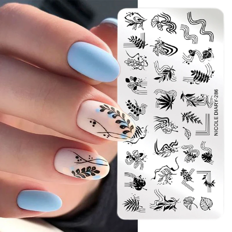 

NICOLE DIARY Leaves with Stripe Pattern Nail Stamping plate Geometric Stripe Printing Templates Nail Art For Manicure Decoration