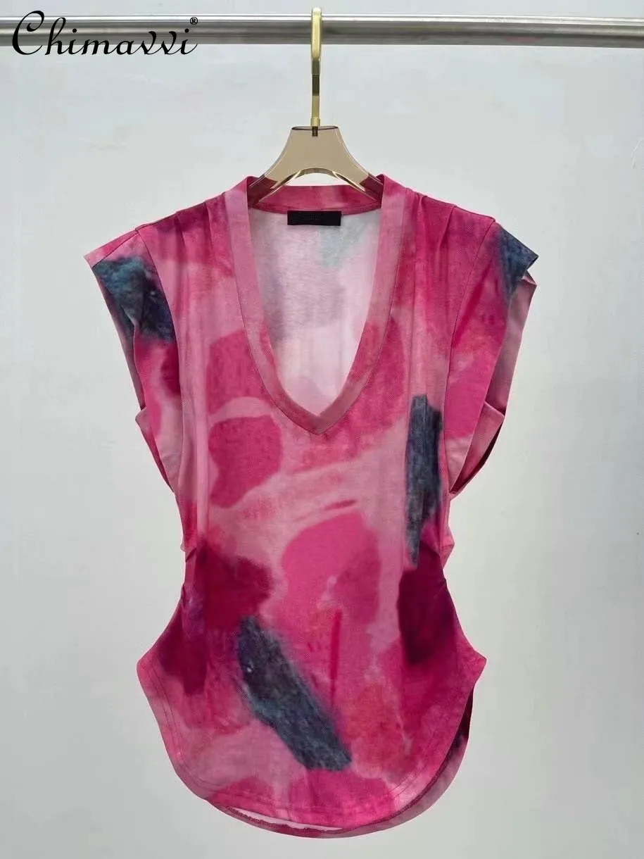 

2022 Summer New Fashion Art Tie-Dye Color V-neck T-shirt Casual All-Match Pleated Loose Design Sleeveless Top Women's Tshirts