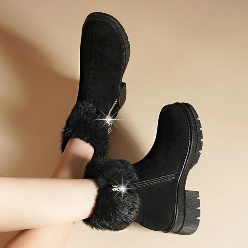 Winter Warm Snow Boots Pump Women's Side Zipper Faux Suede Platform High Heels Ankle Boots Women High Top Round Toe Botas Mujer