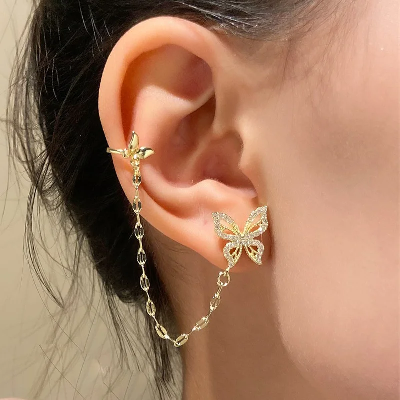 

Ins Asymmetric Super Fairy Butterfly Earrings Fashion Temperament Full Diamond Butterfly Earclip Without Ear Hole Luxury Jewelry