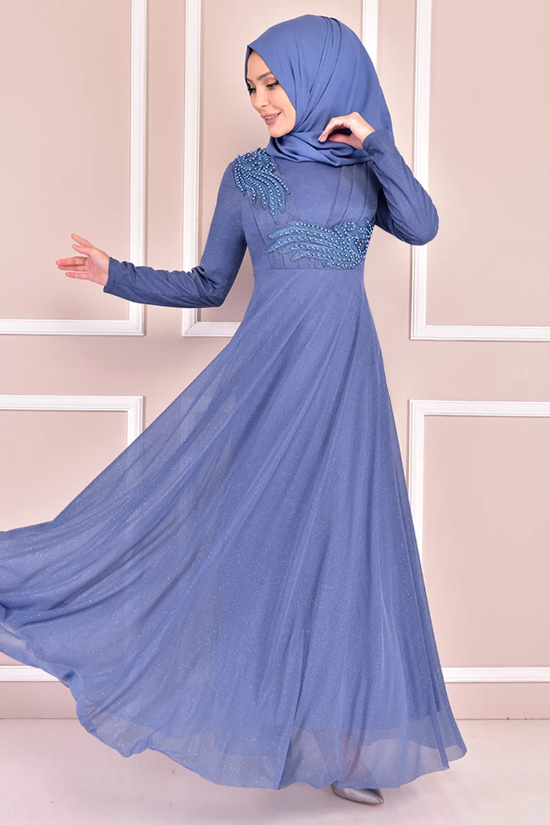 

Серебристое платье с жемчужинами, синее Элегантное Длинное Клубное платье, мусульманские модные женские платья с длинным рукавом, повседне...