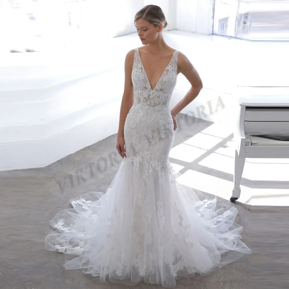 

VIKTORIA Modern Wedding Dresses V-neck Custom-Made Court Train Zipper Mermaid Appliques Sleeveless Vestidos De Novia Brautmode