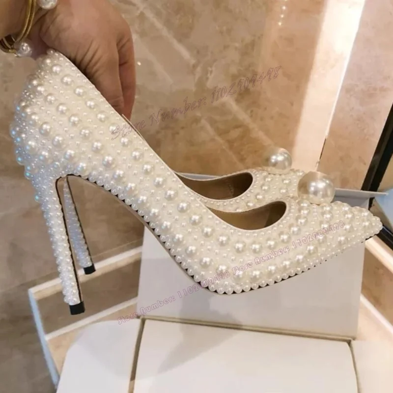 

Туфли-лодочки женские с острым носком, высокий каблук-шпилька, украшение с белыми жемчужинами, Свадебная обувь для вечеринки, 2023
