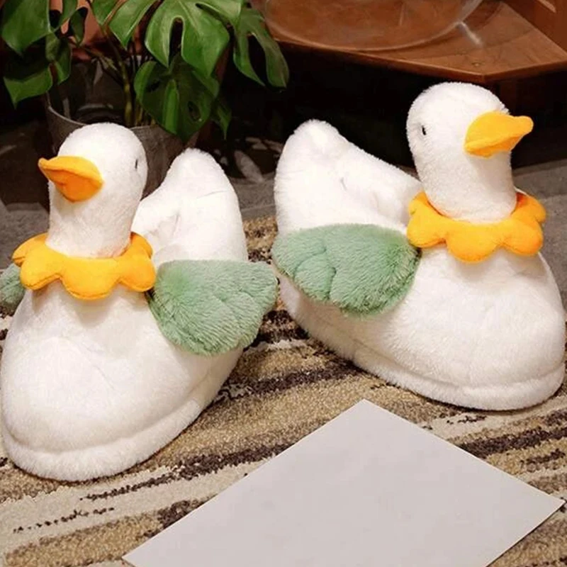 New Home Slippers Cute Duck Modeling Design 2023 White Warm Adult  Lady Plush Head Silent Indoor Floor Women Fun Slippers