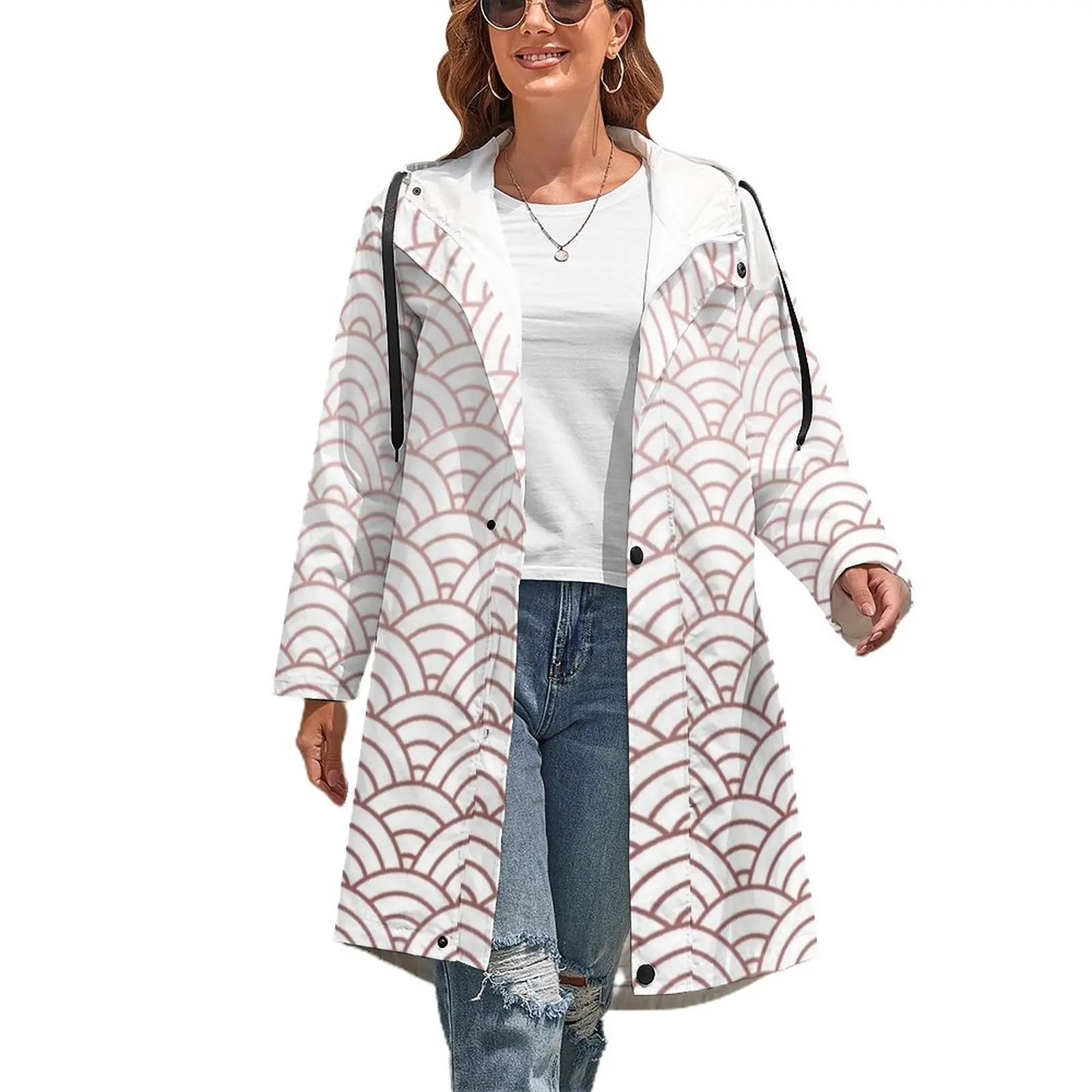 

Тренчкот из розового золота с японским принтом волн, модное повседневное осеннее пальто, длинные куртки с карманами, Одежда большого размер...