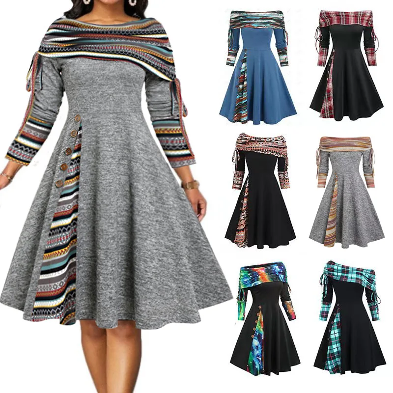 

Chic Fashion Design Autumn Spring Knitting Midi Dress Elegant Women Patchwork Long Sleeve A Line Dress