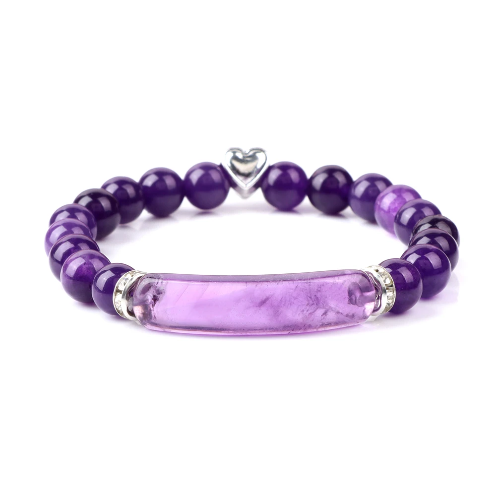 

Rectangle Shape Amethysts Bracelets For Women Men 8mm Natural Stone Beaded Bracelet Reiki Healing Crystal Heart Charm Bangle