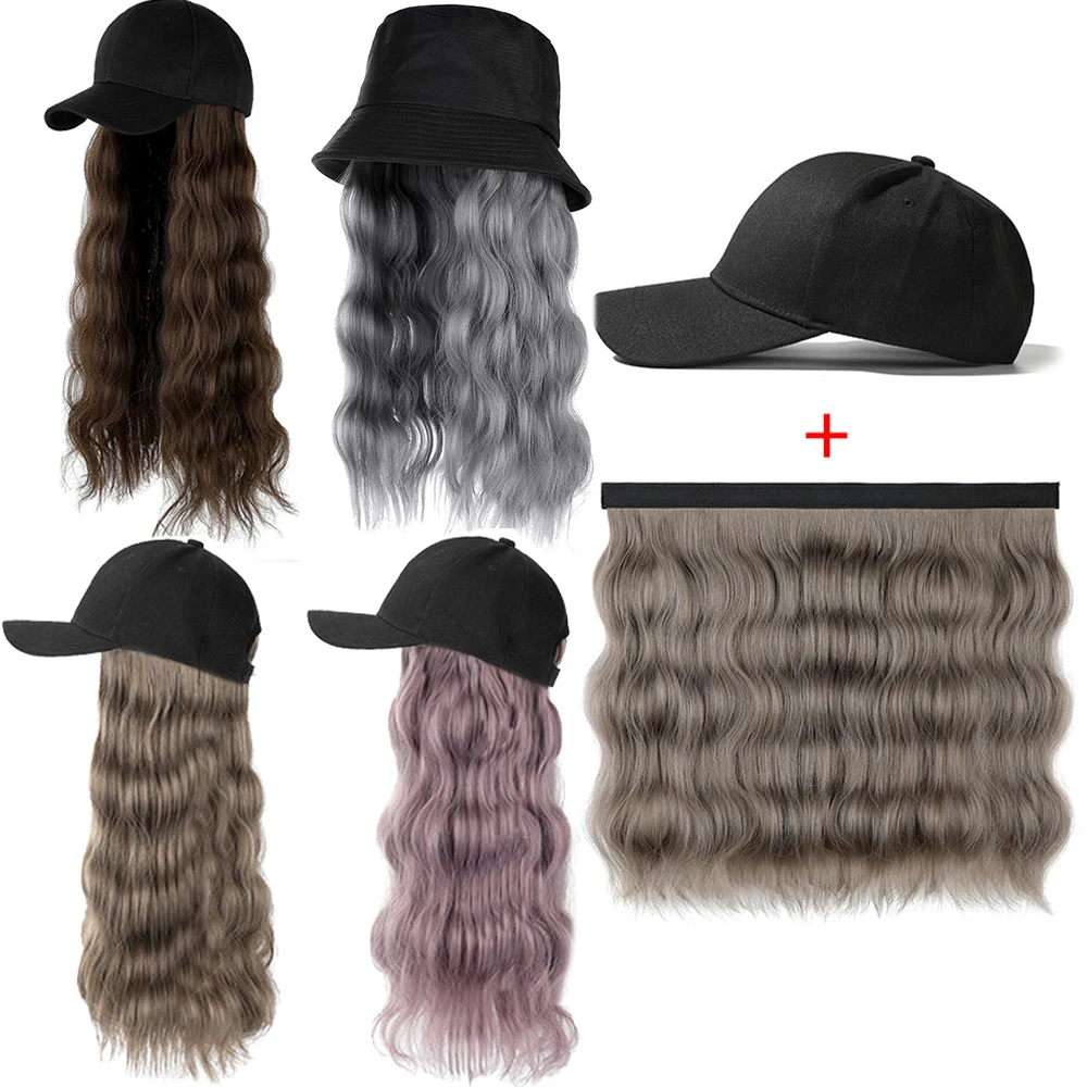 Long Curly Hair Wave Synthetic Wig Detachable One-Piece Wig With Hat For Women Hair Extensions Adjustable Baseball Cap