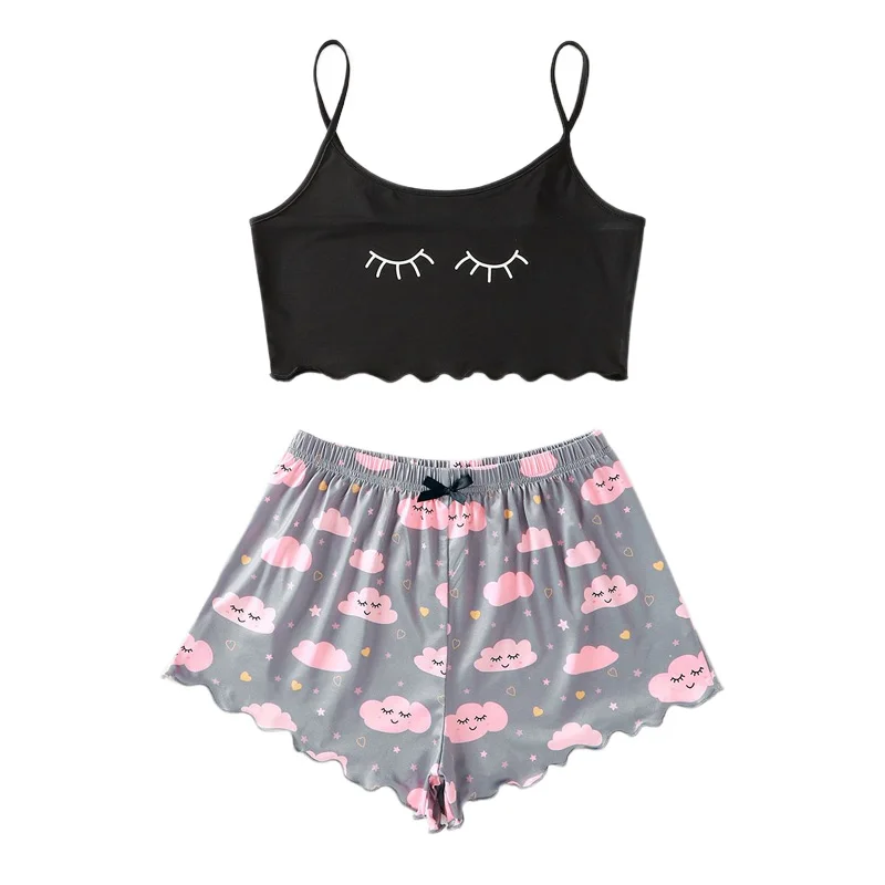 

Cartoon Print Jacket and Lovely Cloud Print Shorts Home Dress Pajama Set